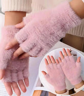 Luva Feminina de Inverno Sem Dedos de Pelúcia Macia Rosa